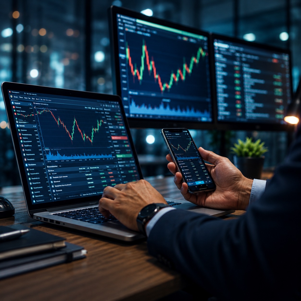 FinTech professional monitoring trading and investment data across multiple screens.