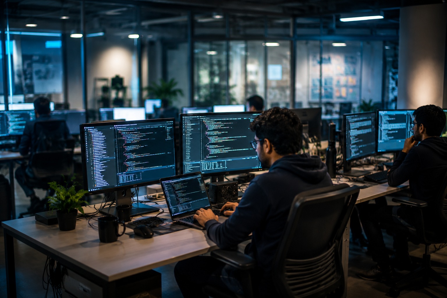 Software engineers collaborating in a modern technology workspace with multiple development screens and enterprise software systems.